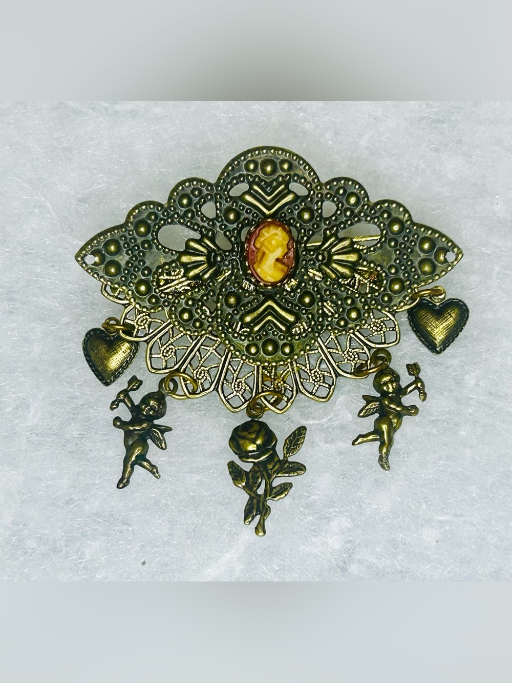 Antique-Style Brass Cameo Filigree Brooch with Cherub & Heart Charms - Gold Tone